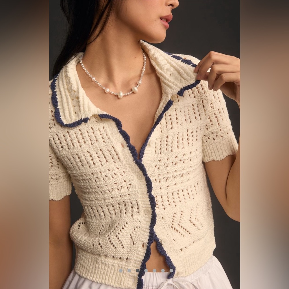 Anthropologie Maeve short sleeve open stitch Polo Cardigan sweater size xl